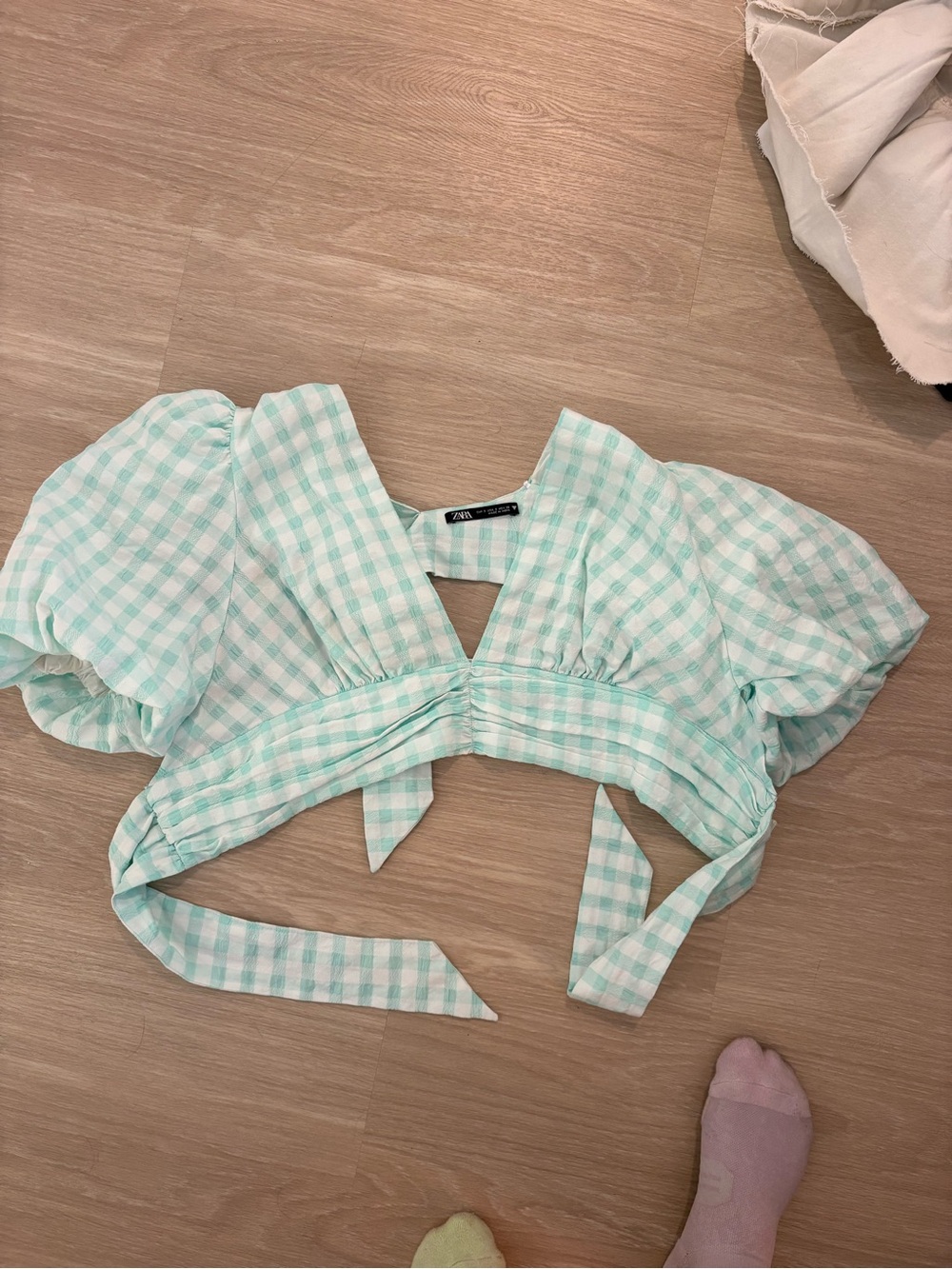 Zara Mint Gingham Tie-Front Puff Sleeve Crop Top